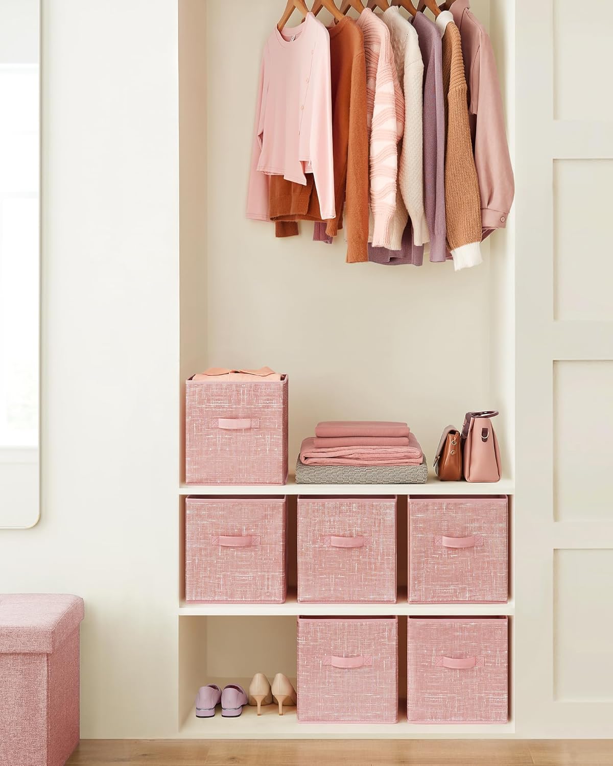 SONGMICS Storage Cubes - 11-Inch Non-Woven Fabric Bins with Double Handles - Set of 6, Jelly Pink Closet Organizers