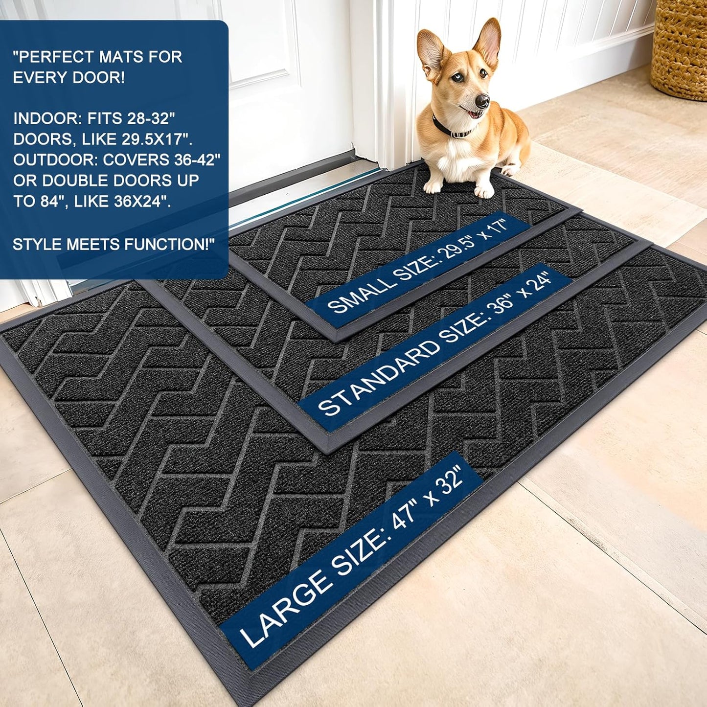 OLANLY Waterproof Front Door Mat - All-Season Indoor/Outdoor Doormat, Low Profile Herringbone Design (Black, 71x47)
