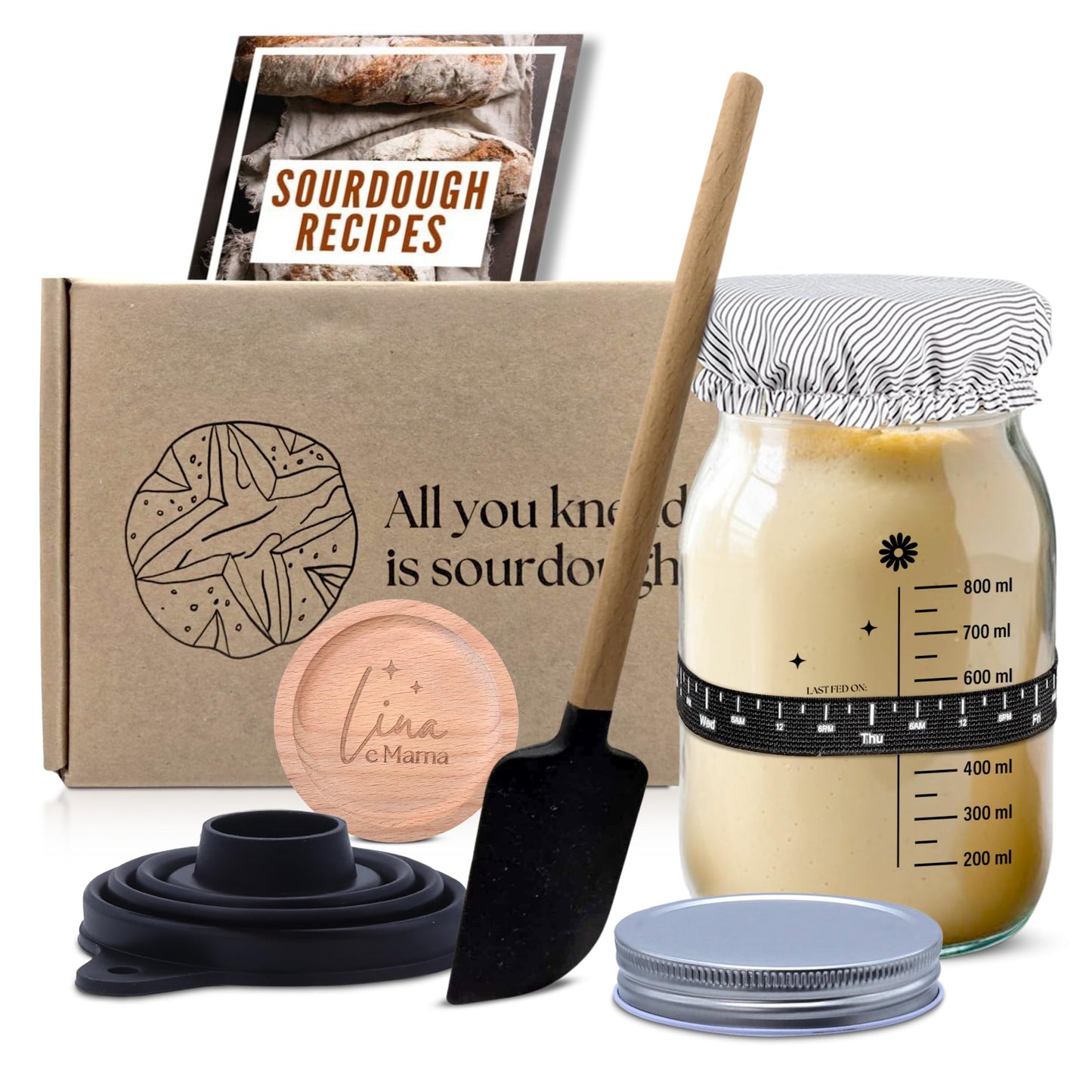 Lina e Mama 34 Oz Sourdough Starter Jar | Sourdough Starter Kit | Wide Mouth Sour Dough Kit with a Wooden & Aluminum Lid, Spatula, and Funnel | Sour Dough Jar for Beginners and Pros