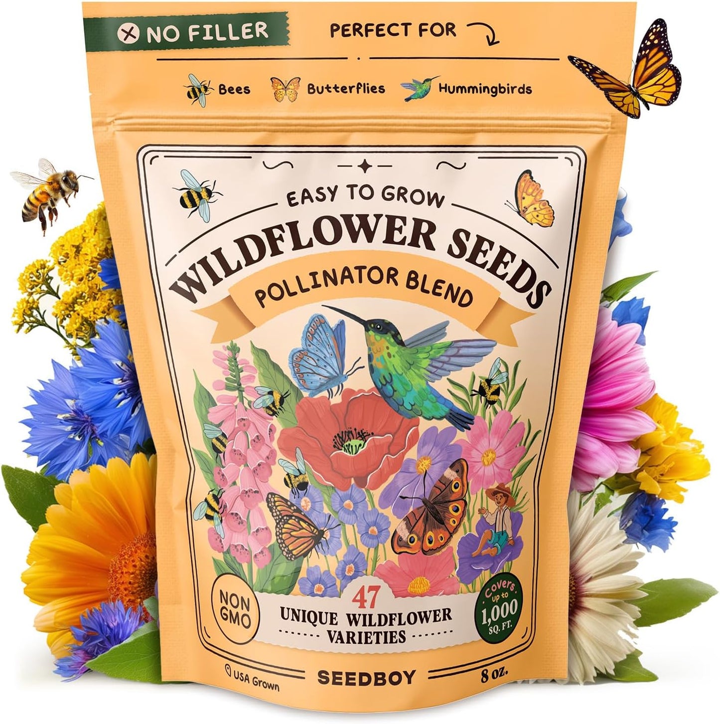 Seedboy Wildflowers Seed Mix for Pollinators - 8 oz Bulk Non-GMO Seeds for Bees & Butterflies | 47 Varieties