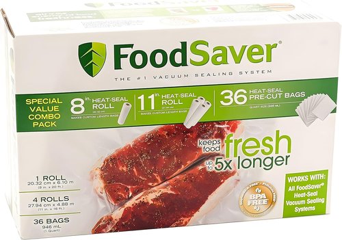 FoodSaver Vacuum Seal Combo Pack - 1-8" Roll, 4-11" Rolls & 36 Pre-Cut Bags for Freshness