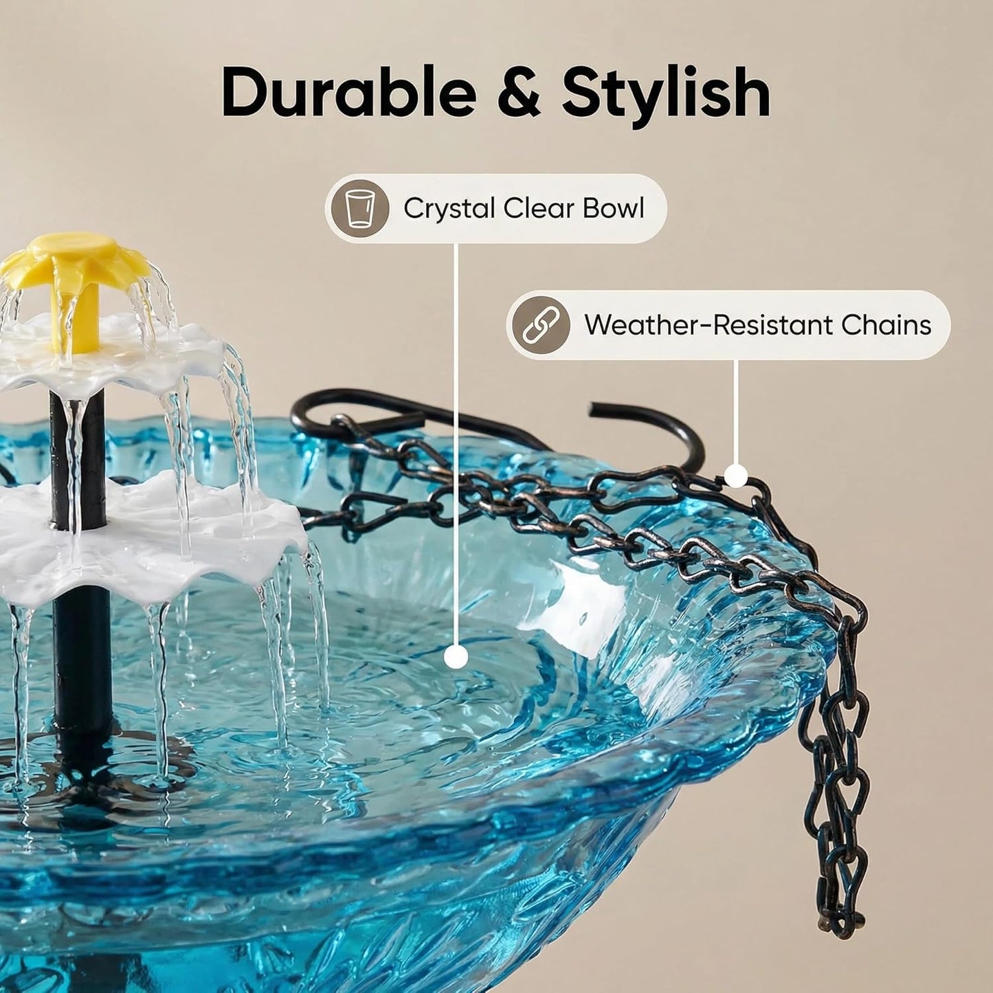 Skiennix Solar Hanging Hummingbird Bath Fountain - Glass Bowl Water Feature for Garden & Patio (Blue)