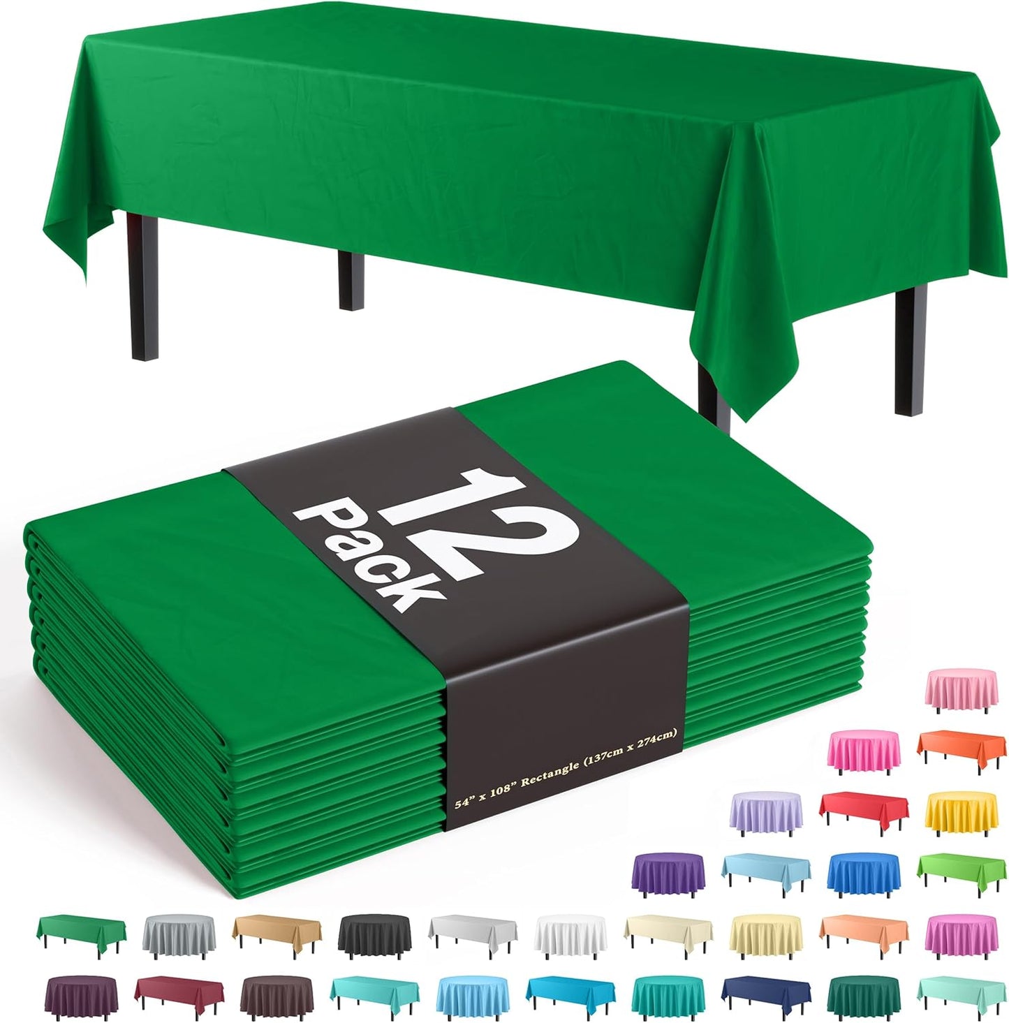 Premium Dark Green Plastic Tablecloths - 12-Pack, 54" x 108" Rectangle Covers