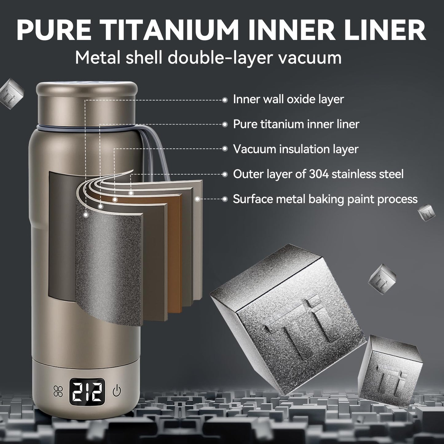 Pure Titanium Travel Kettle,Dual Voltage Portable Electric Kettle 110V-240V Smart Small Water Boiler for Tea & Coffee,12 Temperature Control,Auto Shut Off & Boil Dry Protection (Gray,520ML)