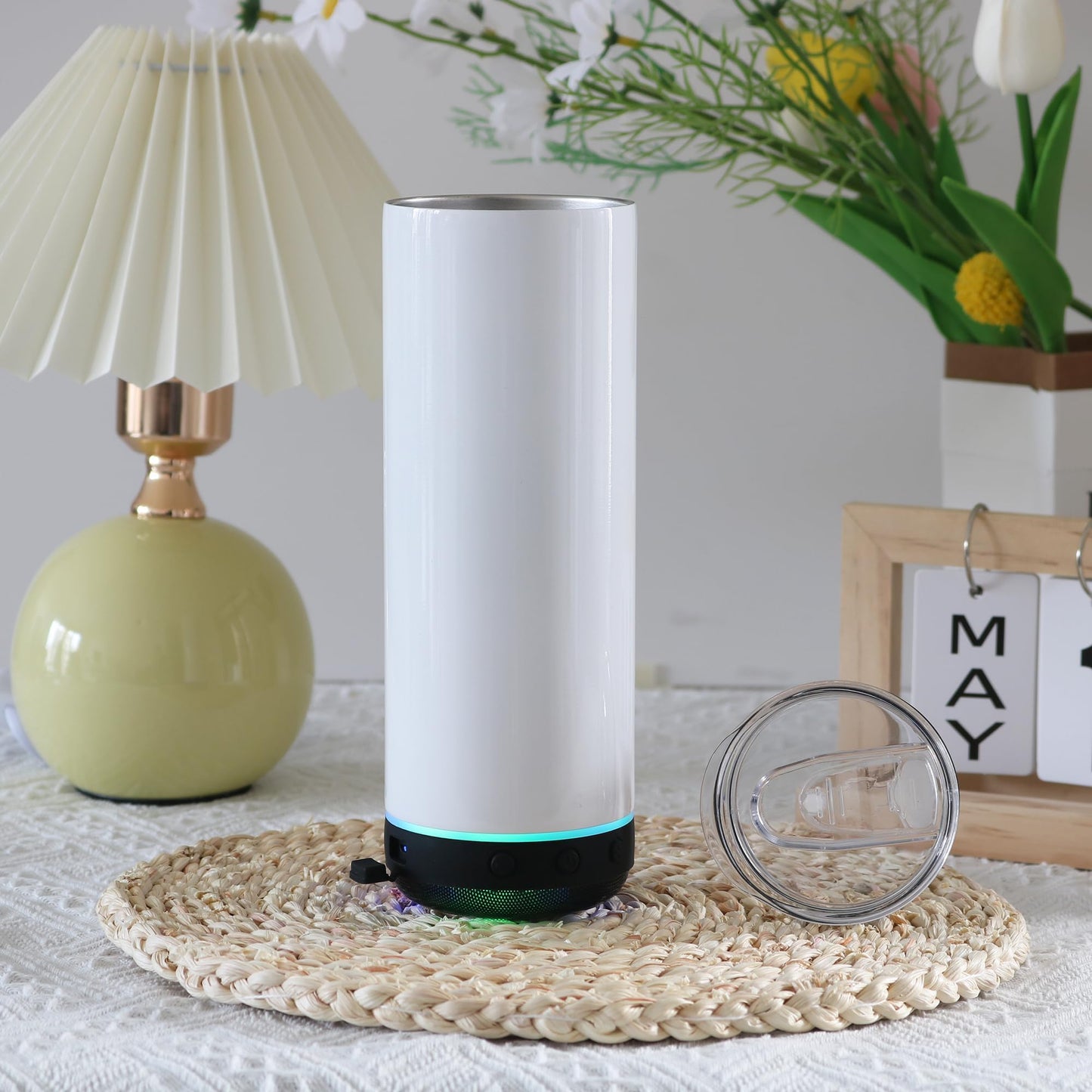 VACVOU 1Pcs 20oz Sublimation Music Speaker Blank Tumbler Cup with Lid Double Wall Vacuum Insulated Bluetooth Speaker Skinny Straight Tumblers (black, 1)