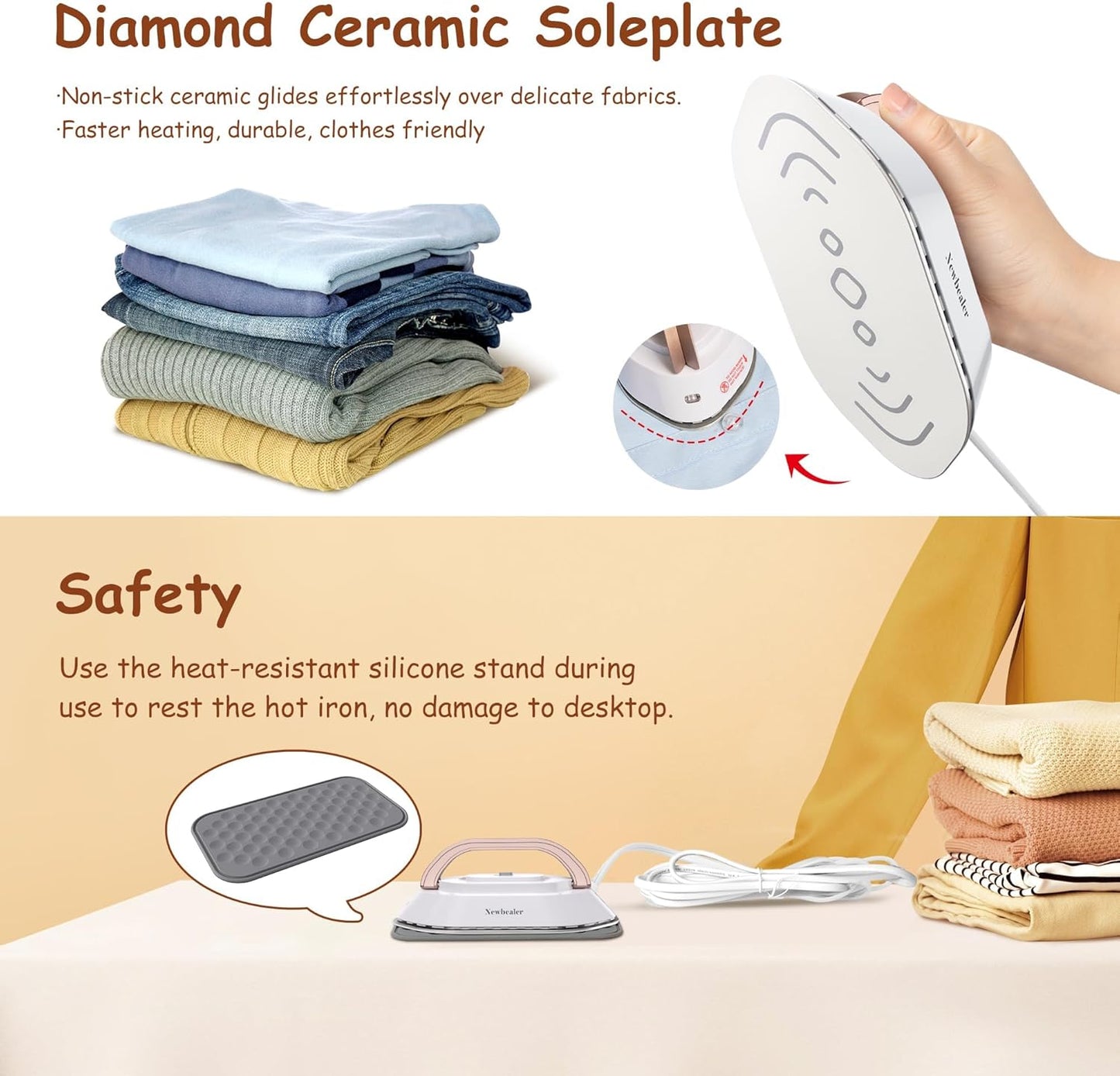 Newbealer Travel Iron - Mini Dry Iron with Global Voltage, 300W, Non-Stick Ceramic Soleplate, Gold