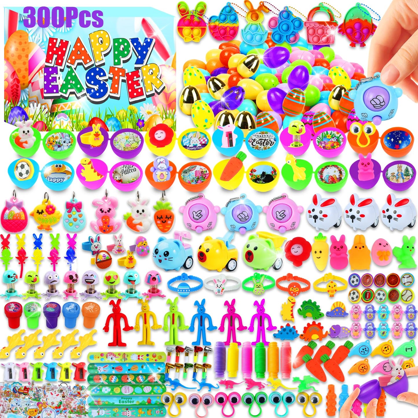 Wuridiwa 300 Pcs Easter Egg Fillers with Surprise Eggs, Easter Basket Stuffers,Filled Easter Party Favors for Kids,Carnival Treasure Prizes Classroom Events Hunt,Stocking Stuffers Birthday Gifts