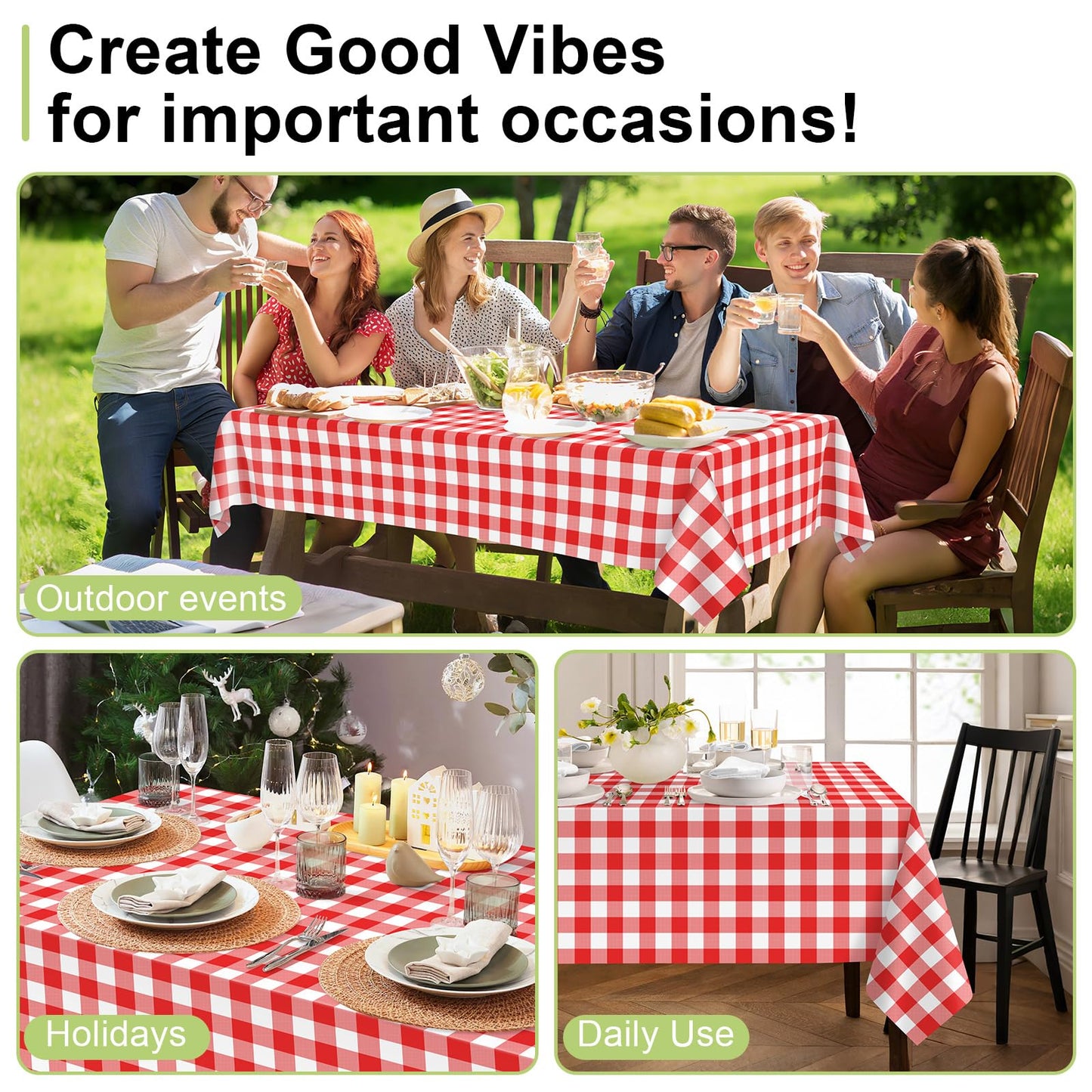 QIKSION Red Gingham Tablecloth Disposable 12 Pack, 54 x 108 Inch Red and White Checkered Table Cloth for Picnic, Outdoor BBQ Decorations, Birthday Party Supplies, Rectangle, Plastic Table Cover