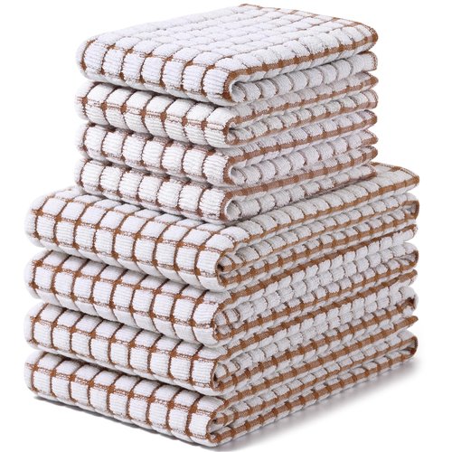 Homaxy Kitchen Towels and Dishcloths Set, 16 x 25 and 12 x 12 Inches, Set of 8 Cotton Terry Kitchen Dish Towels, Super Soft and Absorbent Dish Cloths, Brown