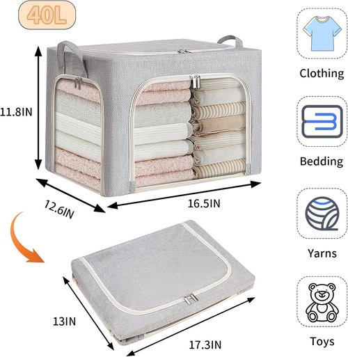 Combocube Clothes Storage Bins - Stackable & Foldable with 3-Side Zippered Openings | Linen Fabric, Large Clear Window, 3 Pack