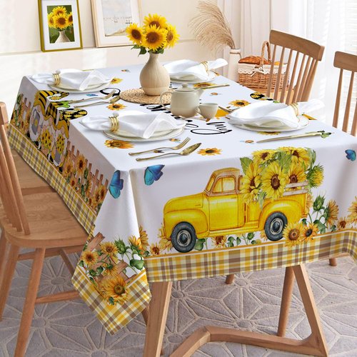 Hexagram Spring Tablecloth 60x84 Inch Rectangle, Sunflower Tablecloths You are My Sunshine Gnomes Truck Table Cloth Yellow Sunflower Decor for Home Party Dinner Decorations