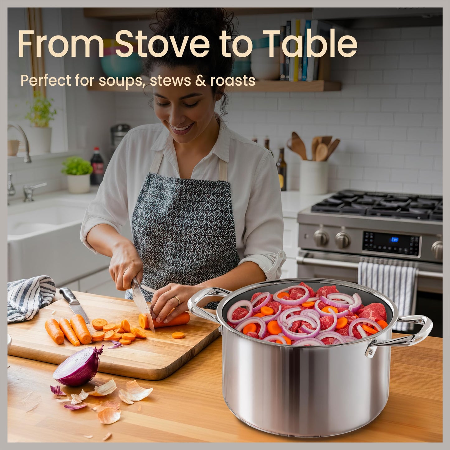 Stainless Steel Stockpot with Tempered Glass Lid 5 Quart, Durable 18/0 Stainless Steel, Impact-Bonded Base for Even Heating, Riveted Handles, Oven & All Stove Compatible, Safe Up To 500°F (260°C)
