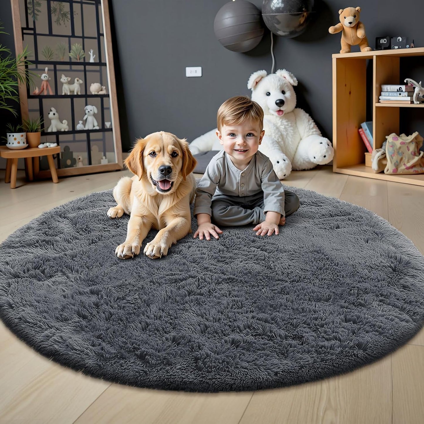 OLANLY Grey Round Area Rug - Soft, Fluffy & Machine Washable 4 ft Circle Carpet for Bedroom, Living Room & Nursery Decor