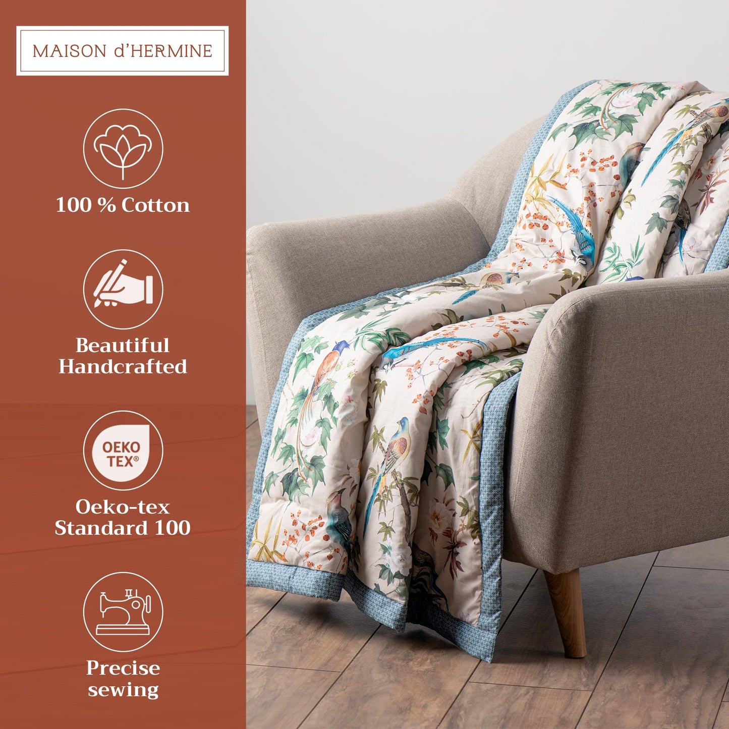 Maison d' Hermine Throw Blanket for Couch Lightweight Soft Warm Breathable Cotton Throw Blankets for Bed Girls Boys Women Men Sofa Living Room Gifts for Mothers Day (50'' X 60'', Hokuzai - Grey)