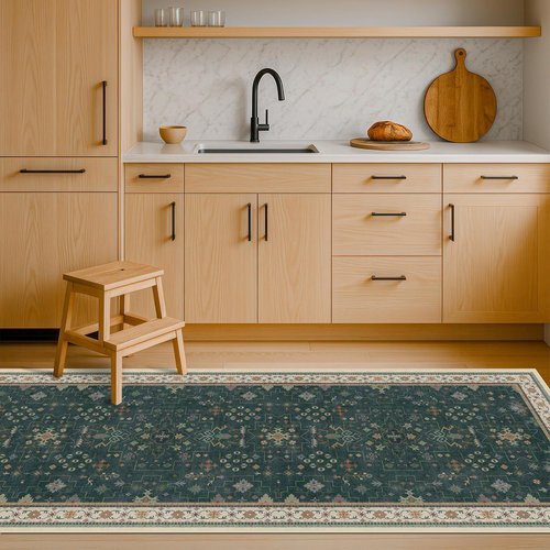 Hazo Haus Dark Green Kitchen Runner Rug - Modern Vintage Boho Floral Pattern, 2x8 Non-Slip, Washable