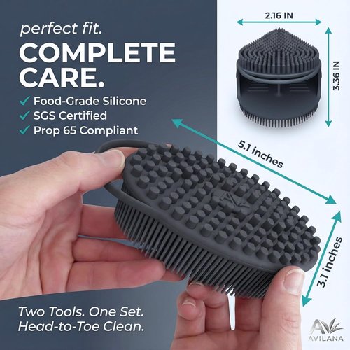 Avilana Premium Silicone Body Scrubber - SGS Certified Dual-Sided Bath Brush for Sensitive Skin | Quick-Dry Exfoliating Massage Tool