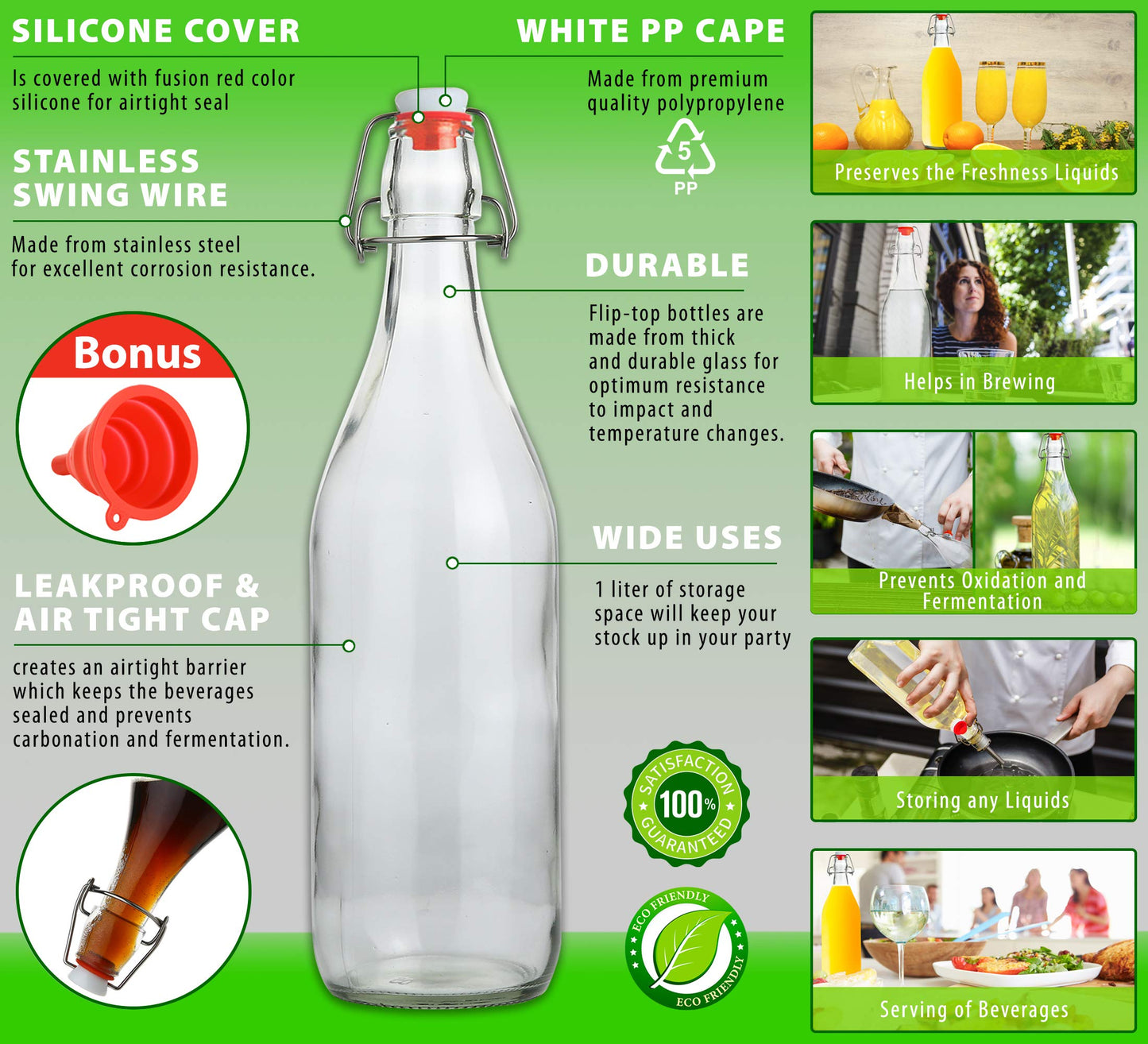 AYL Flip Top Glass Bottle [1 Liter / 33 fl. oz.] [Pack of 4] – Swing Brewing Bottle with Stopper for Beverages, Oil, Vinegar, Kombucha, Water, Soda, Kefir – Airtight Lid & Leak Proof Cap – Clear