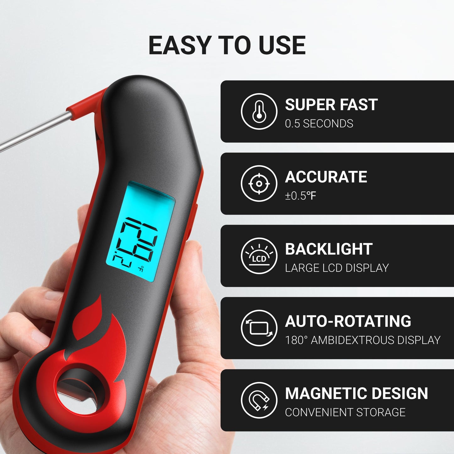 ThermoMaven Professional Meat Thermometer, Instant Read in 0.5 Sec, NIST Certified Accuracy ±0.5°F, IP67 Waterproof, Ambidextrous Backlight & Auto-Rotating Display, for BBQ/Grill/Cooking, Black&Red