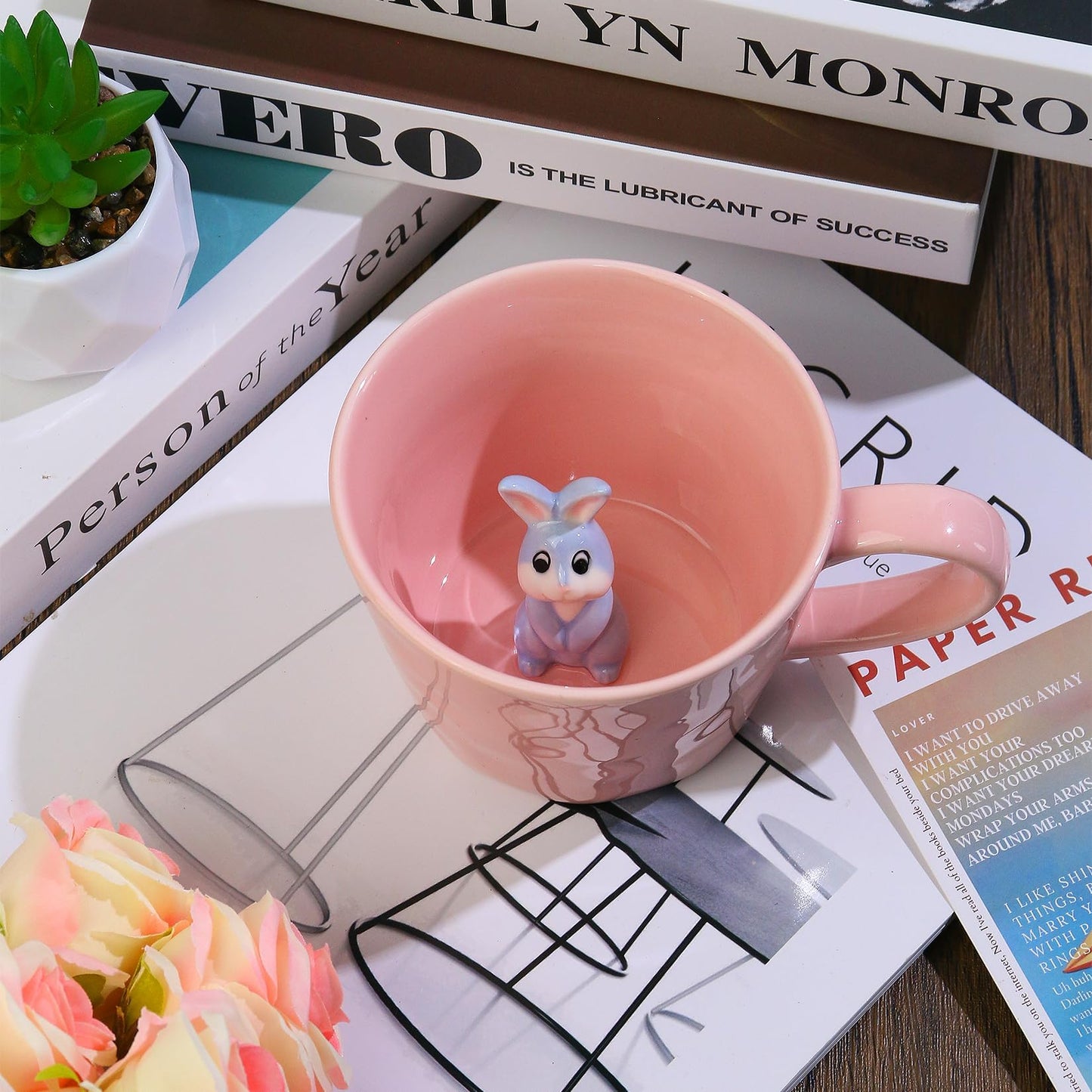Ceramic Mug with 3D Animal Inside, Cartoon Handmade Figurine Mugs, Cute Coffee Mug With Interesting Design, Holiday and Birthday Gift for Coffee and Milk Tea Lovers (Rabbit)