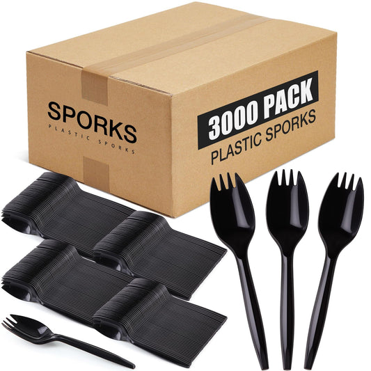 Eaasty 3000 Count Plastic Disposable Sporks Bulk Cutlery Spork 2 in 1 Heavy Weight Fork Spoon for Thanksgiving Fall Outdoor Activities School Picnics Parties Restaurants(Black)