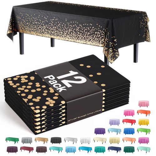 Exquisite 12-Pack Premium Plastic Tablecloth 54in. x 108in. Rectangle - White and Gold