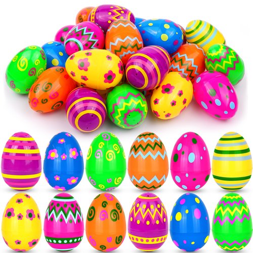 48 PCS 3.1" Plastic Printed Easter Eggs Bulk, Bright Colorful Fillable Empty Easter Eggs Bulks for Egg Hunt, Kids Easter Basket Stuffers Fillers Classroom Prizes Rewards Party Favors for Boys Girls