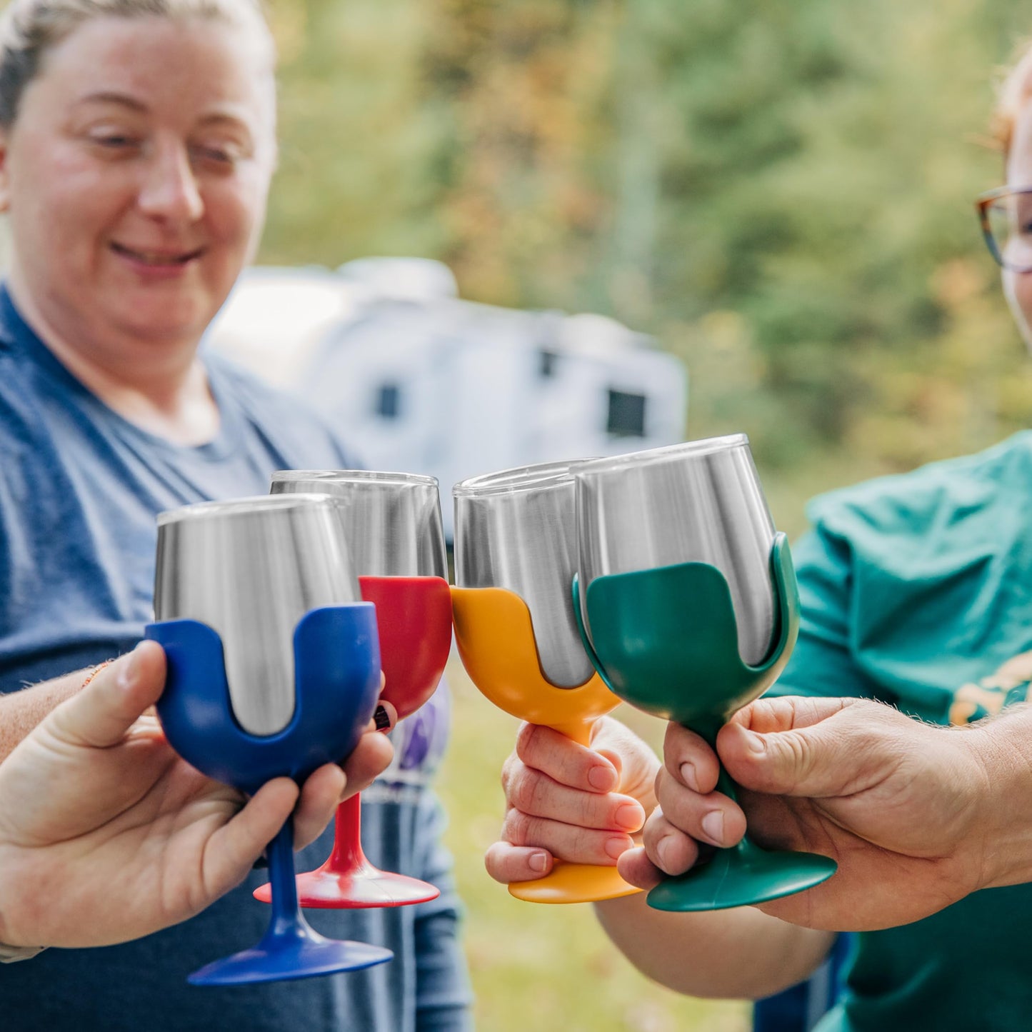 Camco Life is Better at The Campsite Stainless Steel Wine Tumbler 4-Pack - Features Heavy Duty Double Wall Vacuum Insulation & Removable Navy, Red, Green & Yellow Stems - Holds 8-oz Each (53465)