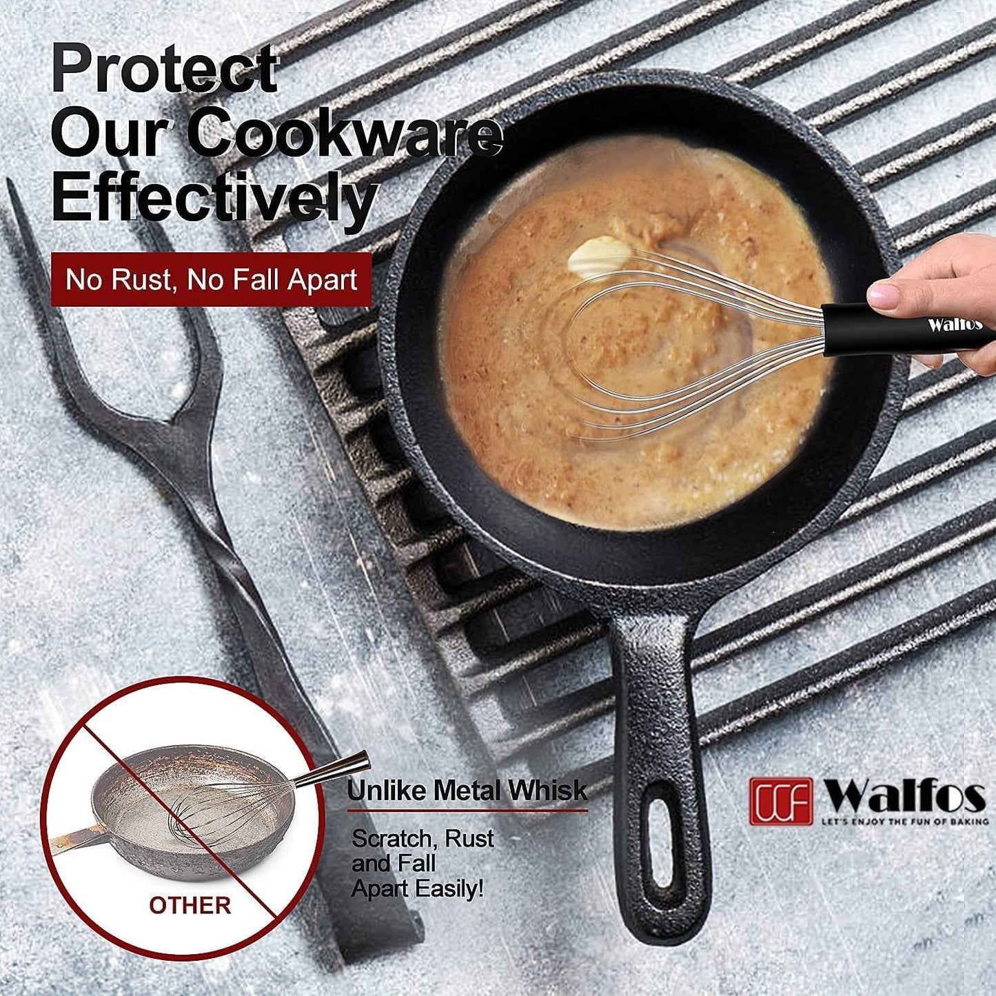 Walfos Whisk,Whisks for cooking set, 304 Stainless steel Whisks,Heat Resistant 600°F.Perfect for Blending Beating Stirring - 11inFlat Whisk and 7+9+11in Balloon Whisk