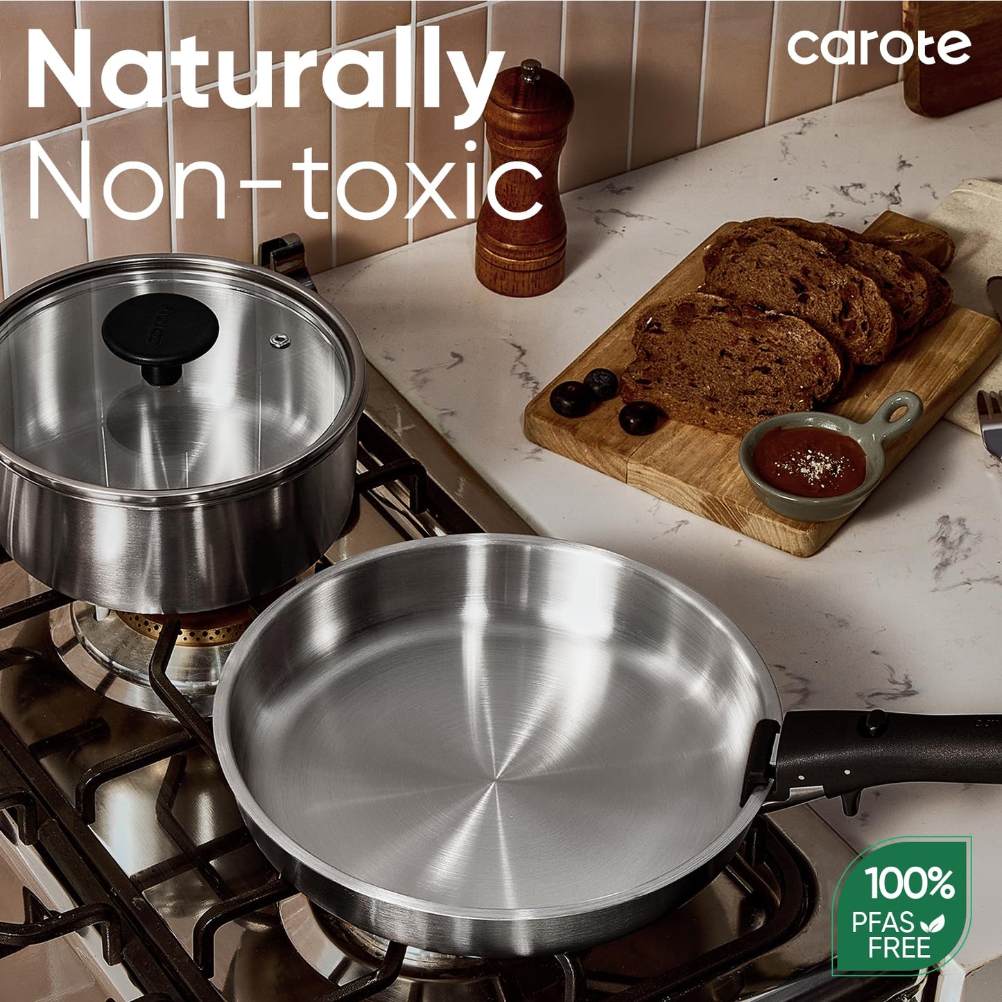 CAROTE Nonstick Cookware Sets, Non Stick Pots and Pans Set Detachable Handle, Kitchen Cookware Sets with Removable Handle, Stackable RV Cookware for Campers, Oven Safe (White 5 PCS)