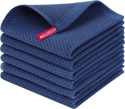 Homaxy 100% Cotton Waffle Weave Dish Cloths - Ultra Soft & Absorbent | Quick Drying, Navy Blue, 12 x 12 Inches, 6-Pack