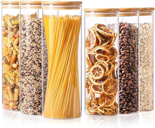 ComSaf Glass Food Storage Jars - Set of 6 Tall Containers with Lids for Kitchen Organization | Ideal for Pasta, Flour, Nuts, and More