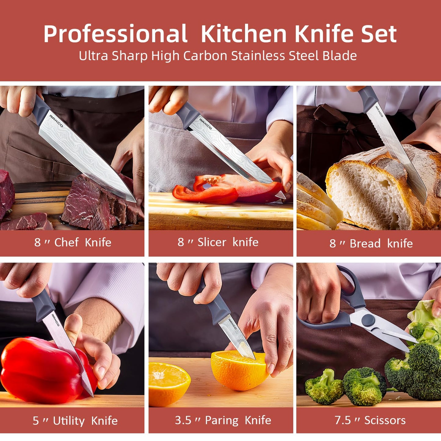 RAXCO 10-Piece Kitchen Knife Set | Stainless Steel Holder | Compact Design - Gray