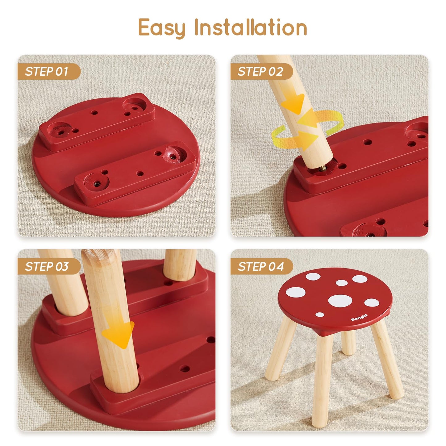 Beright Wooden Step Stool for Kids, Children's Stool Perfect Matched Sensory Table, 9 Inch Sturdy Sitting Stool with Assembled Four-Legged, Mushroom, 2 Pack