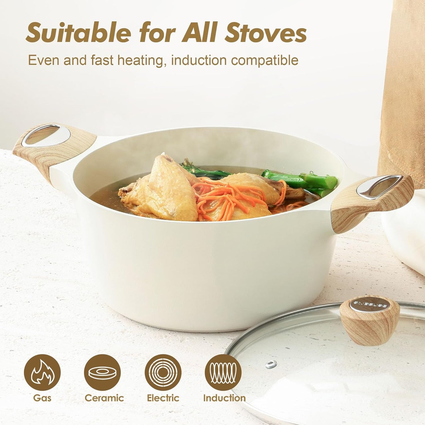 SENSARTE Ceramic Nonstick Stock Pot - Healthy 2.6/4.5/6.6/8.5 QT Casserole & Soup Pot | Induction Compatible, PFOA Free