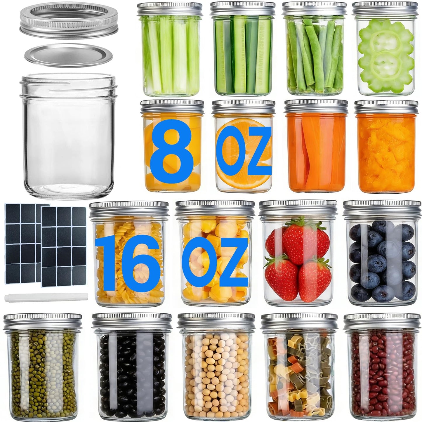 KISYONGUS 18 Pack Mason Jars, 16oz & 8oz Mason jars with Airtight Lids, Glass Canning Jars for Preserving, Jam, Kitchen Storage,Fermenting, Pickling, Freezing
