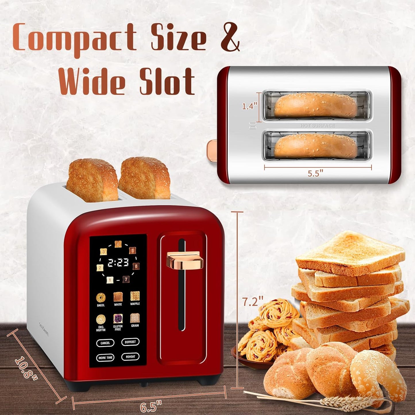 SEEDEEM 2-Slice Toaster - Touch Screen, Fast Heating, 7 Shade Settings, 1.5” Wide Slots, Dark Cherry