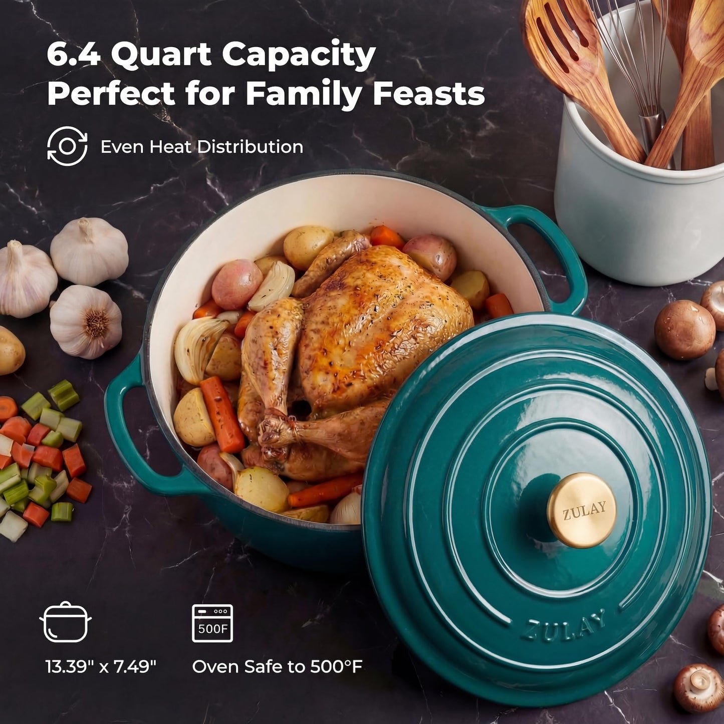 Zulay Kitchen 6.4 Quart Enameled Cast Iron Dutch Oven Pot with Lid Oven Safe up to 500°F. Heavy-Duty Enameled Cast Iron for Sourdough Bread Baking, Stews, Braising & Roasting, Soup Pot with Lid - Emerald