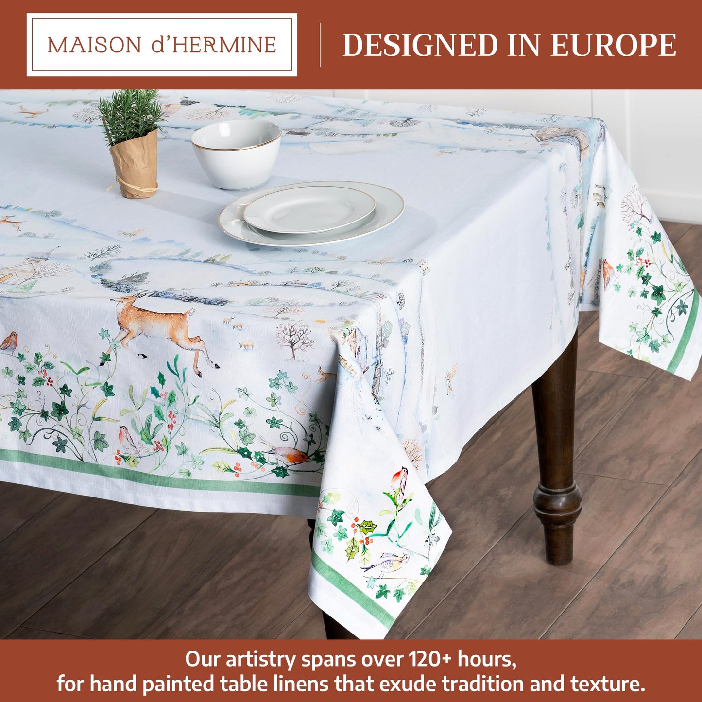 Maison d' Hermine Table Cloth Rectangle Table 100% Cotton 70 x 108 Inches Fall Tablecloth Reusable Everyday Use for Thanksgiving Christmas Decorations Dining Farmhouse Party (Snowy World)
