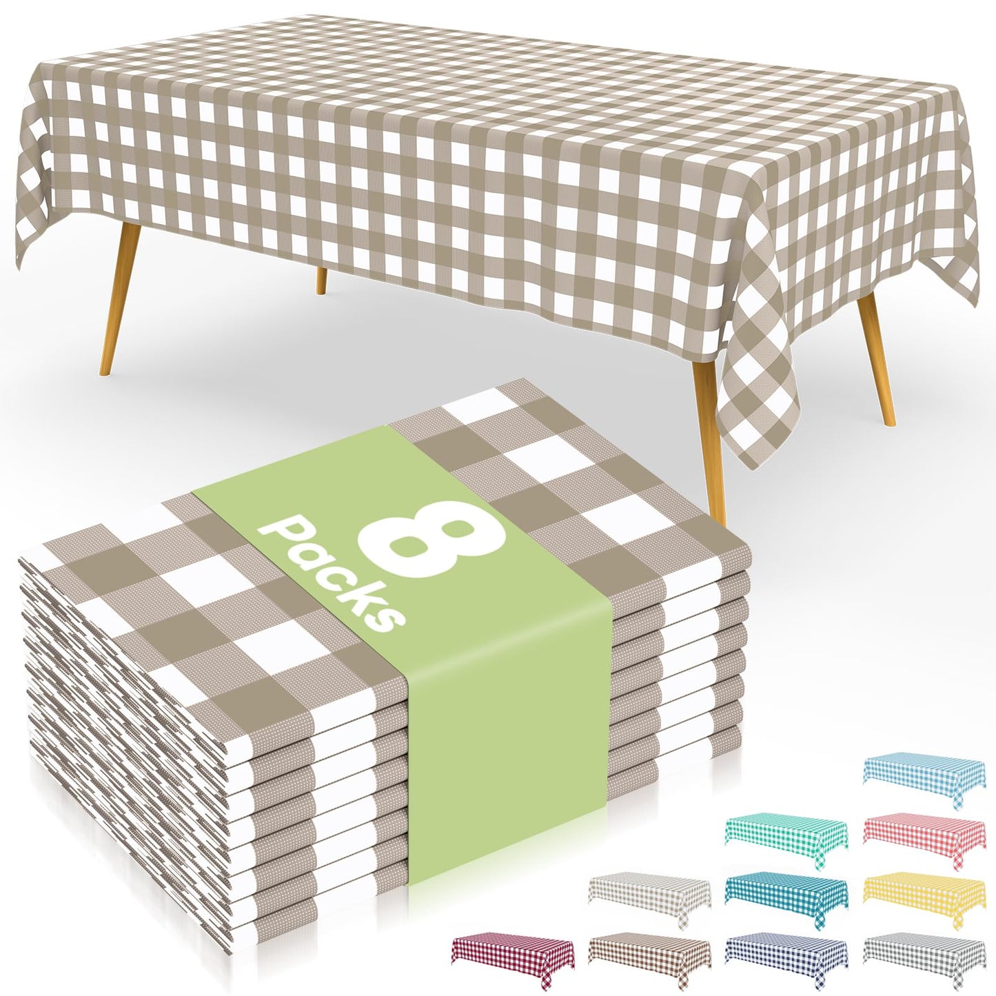 Smiry 8 Packs Gingham Disposable Table Cloth, 54 x 108 Inch Waterproof Plastic Tablecloth, Rectangle Khaki and White Checkered Table Covers for Outdoor, Birthday, Party
