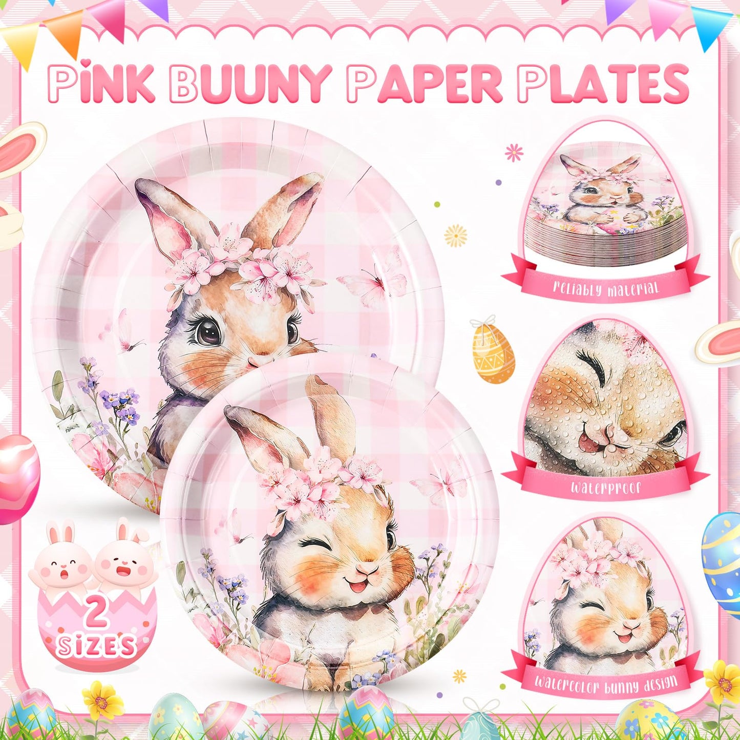 Honeydak 210 Pcs Pink Bunny Party Supplies for 30 Guests, Includes Spring Rabbit Plates, Cups, Napkins, Cutlery - Cute Pink Bunny Tableware Decoration for Baby Shower Easter Party