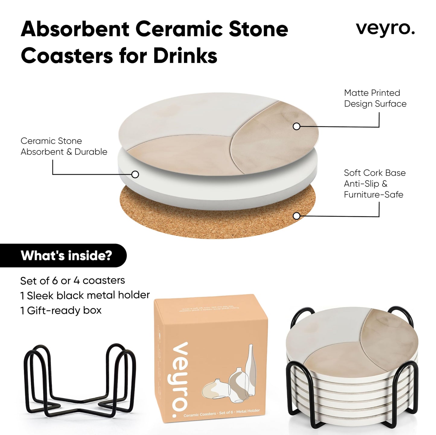 VEYRO Ceramic Coasters Set of 4 – Absorbent Stone Drink Coasters with Holder, Non-Slip Cork Backing, Modern Marble Look Coasters for Coffee Table, Desk & Home Decor