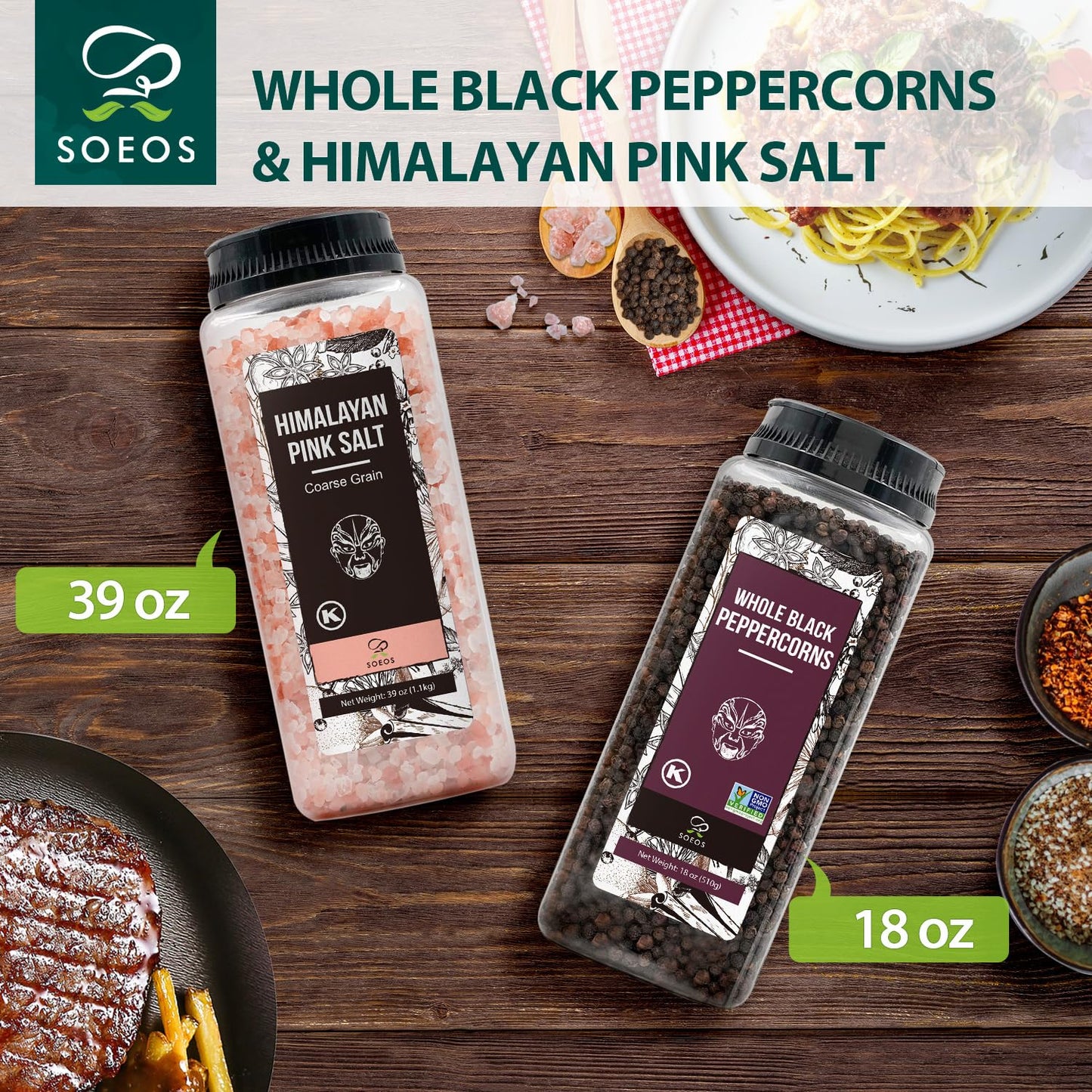 Soeos Himalayan Pink Salt & Whole Black Peppercorns Set - Coarse Grain, Non-GMO, Kosher | 39 oz & 18 oz