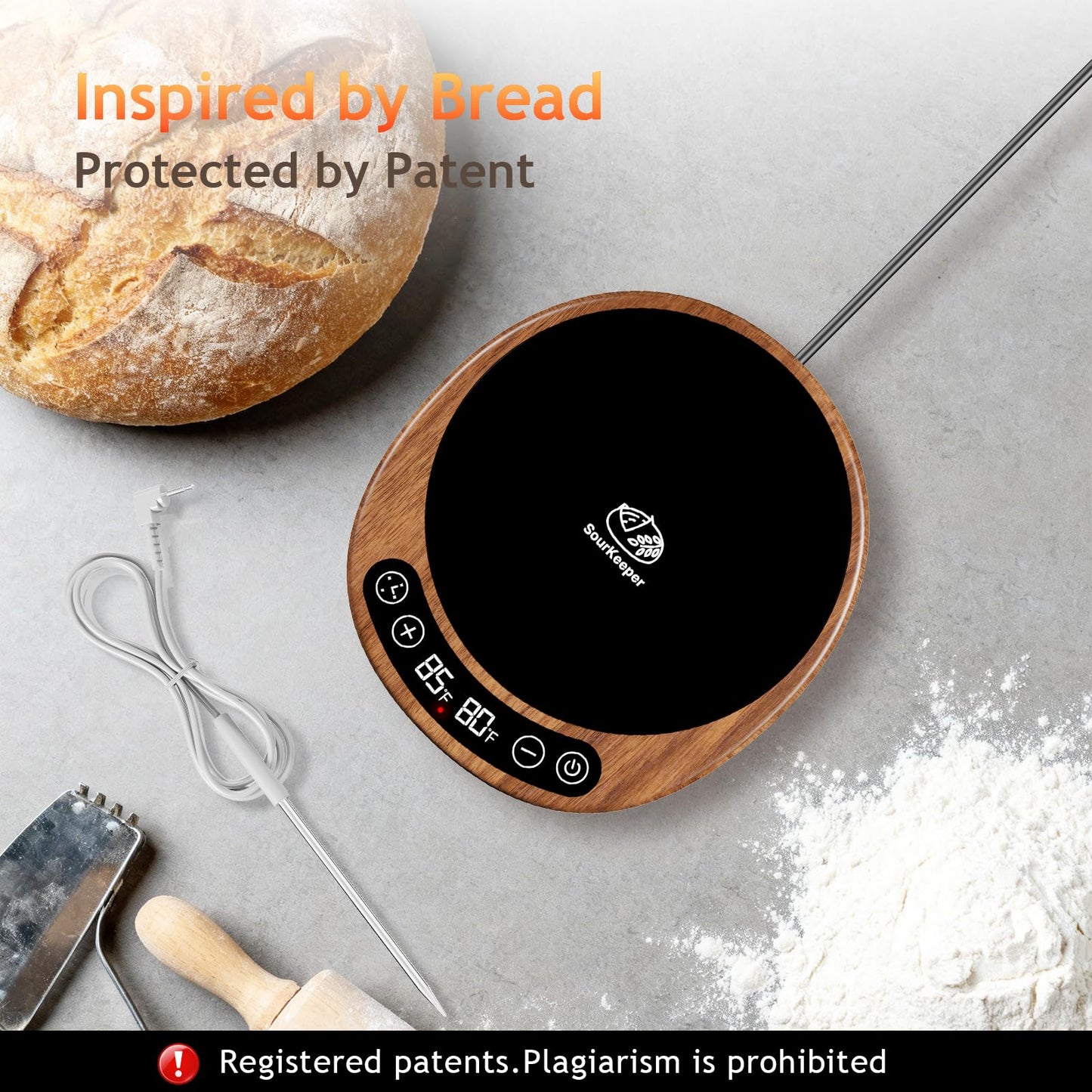 Pakusane SourKeeper, Larger 2-in-1 Sourdough Starter Warmer Pro - 2026 Upgrade Larger Heating Plate, Dough Temp Probe, 1°F Control (70–110°F), 24H Timer, Real-Time Monitoring Walnut,6.5inch