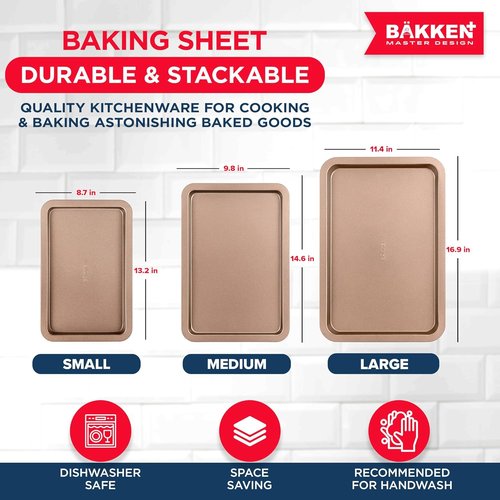 BAKKEN 3-Piece Nonstick Baking Pan Set - Stackable Cookie Trays, Oven Safe Up To 450°F, Brown