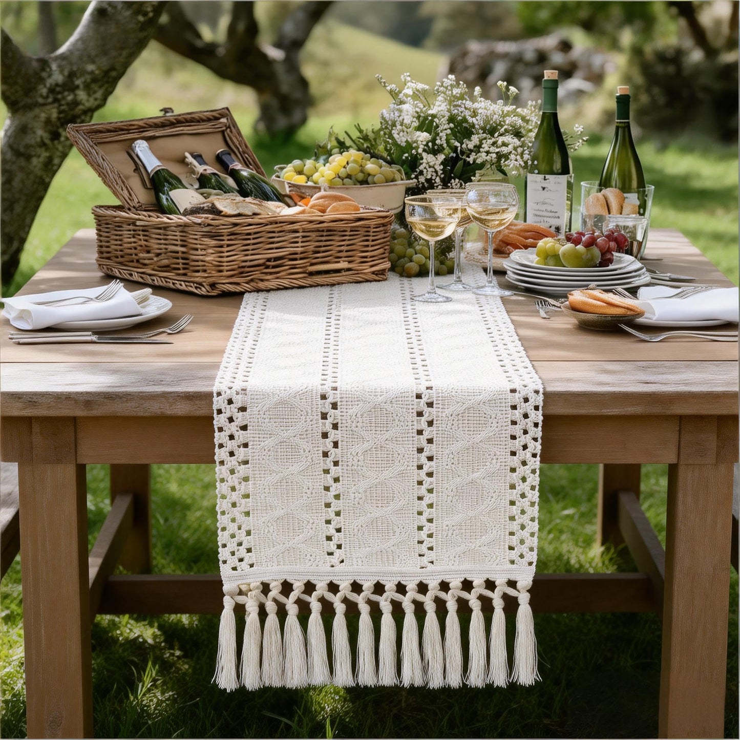 Socomi Boho Table Runner Summer Farmhouse Rustic Dining Kitchen Centerpiece Decor Small Macrame Woven Cotton Linen Coffee Table Runner for Dresser Scarf Home Decor 12x36 inch Cream Ivory