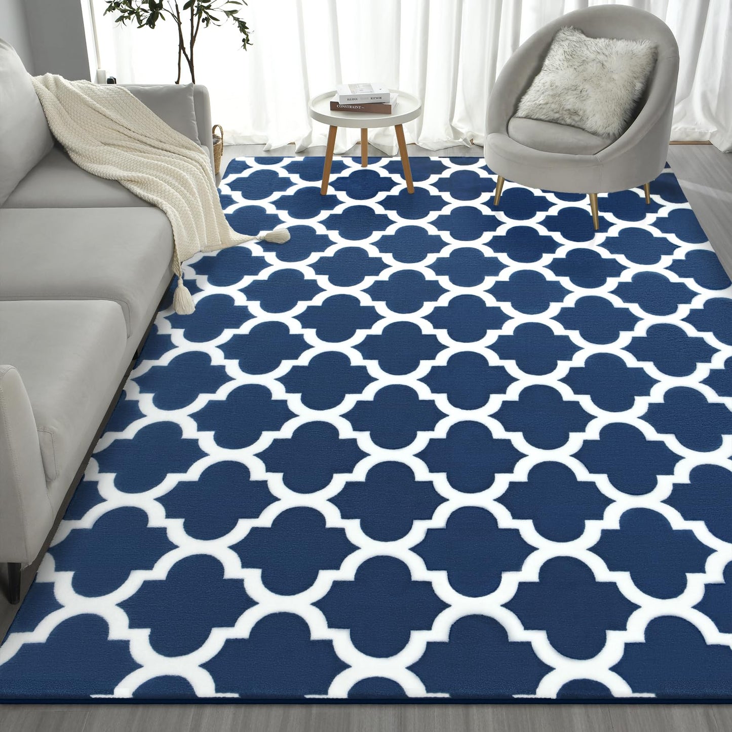Large Geometric Modern Area Rug for Living Room Bedroom, 5x8 ft Plush Moroccan Bedroom Rugs Kids Rugs for Playroom Soft Throw Carpets for Office Dining Room Decor, Navy Blue & White