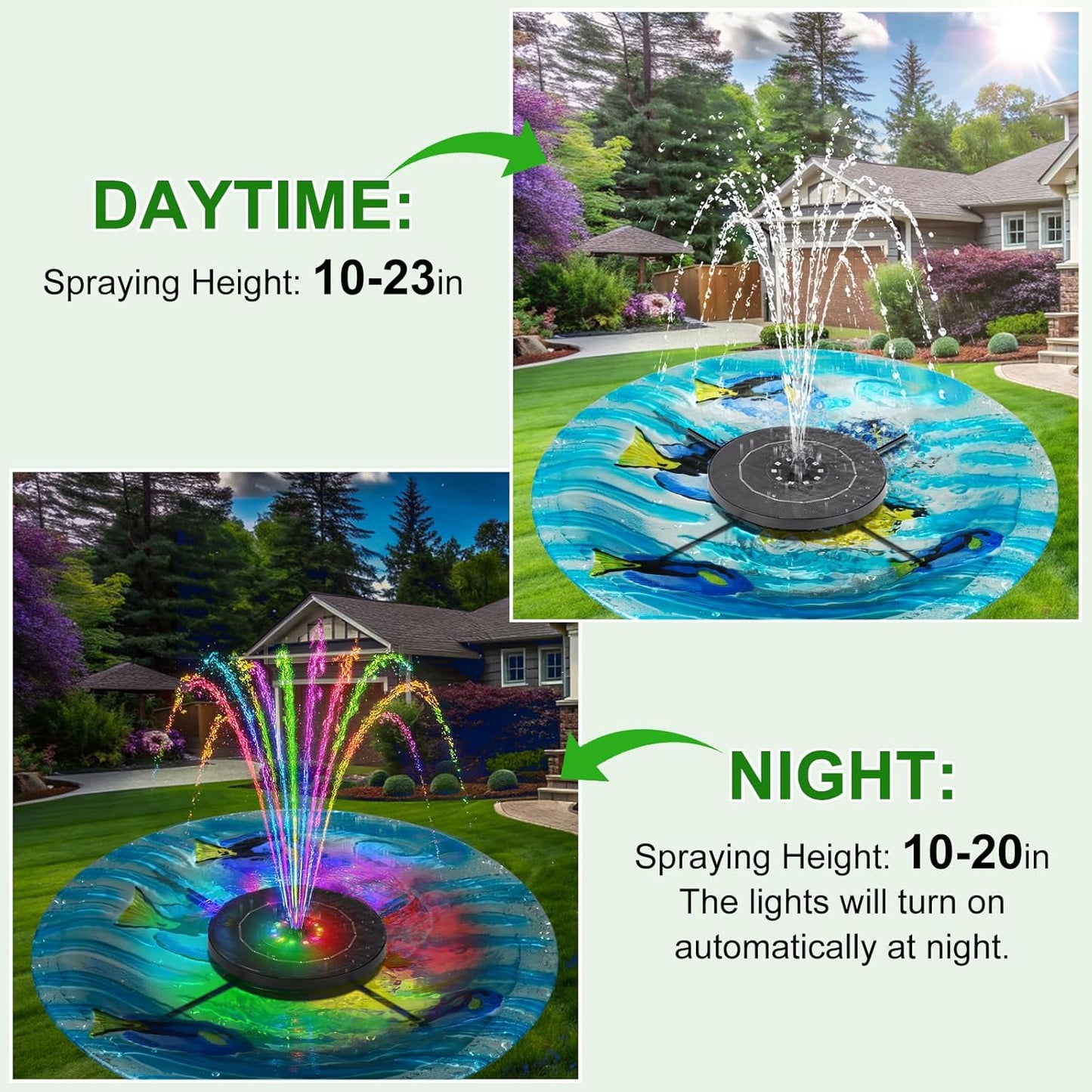 SEIRMEP Solar Fountain Pump - Upgraded Glass Bird Bath Fountain with LED Lights & 6 Nozzles | 3 Spray Heights