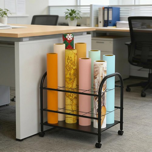 Blueprint Storage Holder with Wheels - 12-Slot Metal Roll File Rack with Silent Casters for Easy Mobility (Black)
