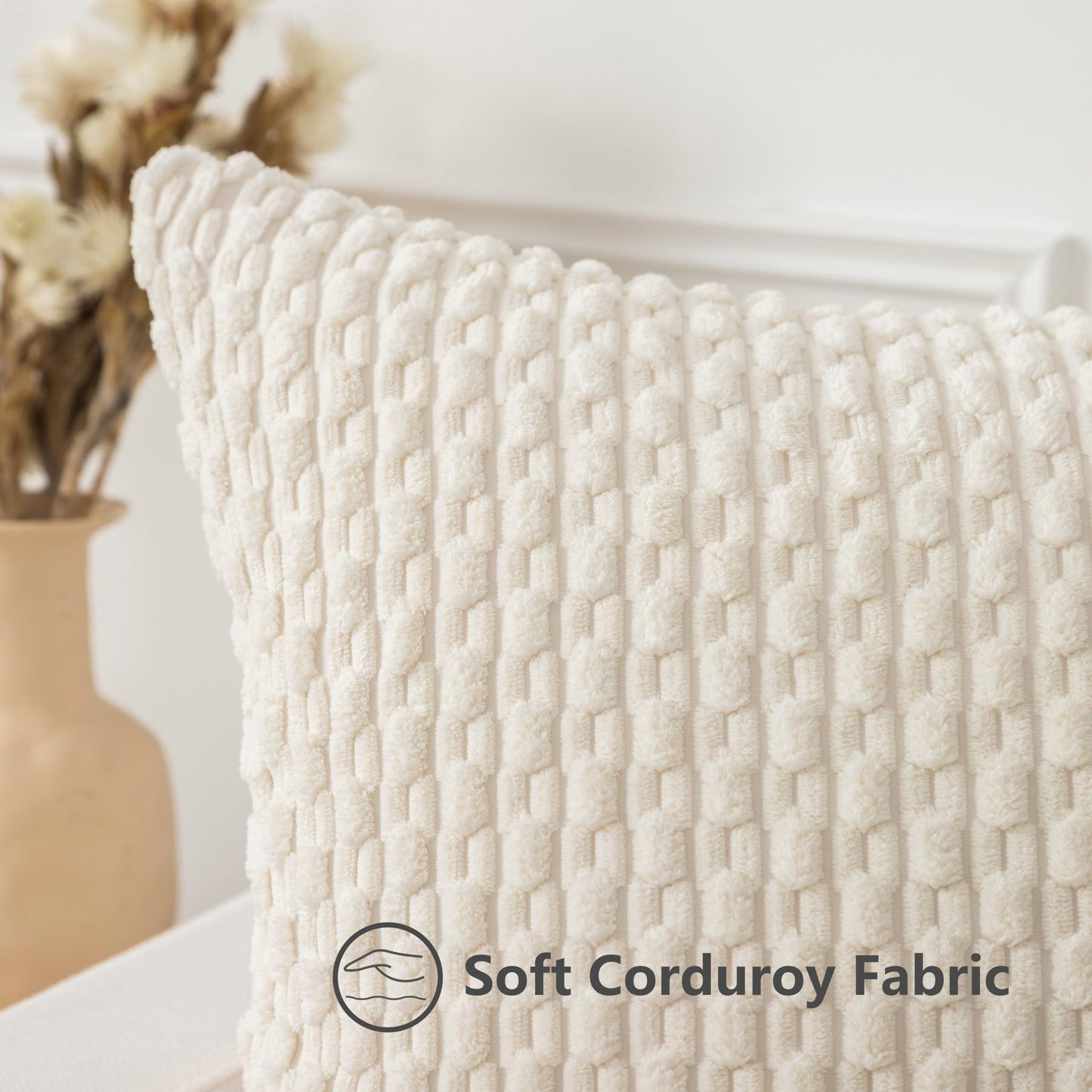 UGASA Soft Corduroy Decorative Pillow Cover 26x26 Inch Boho Striped Throw Pillow Cover Modern Home Decor for Sofa Living Room Couch Bed Cream White, 1 Piece