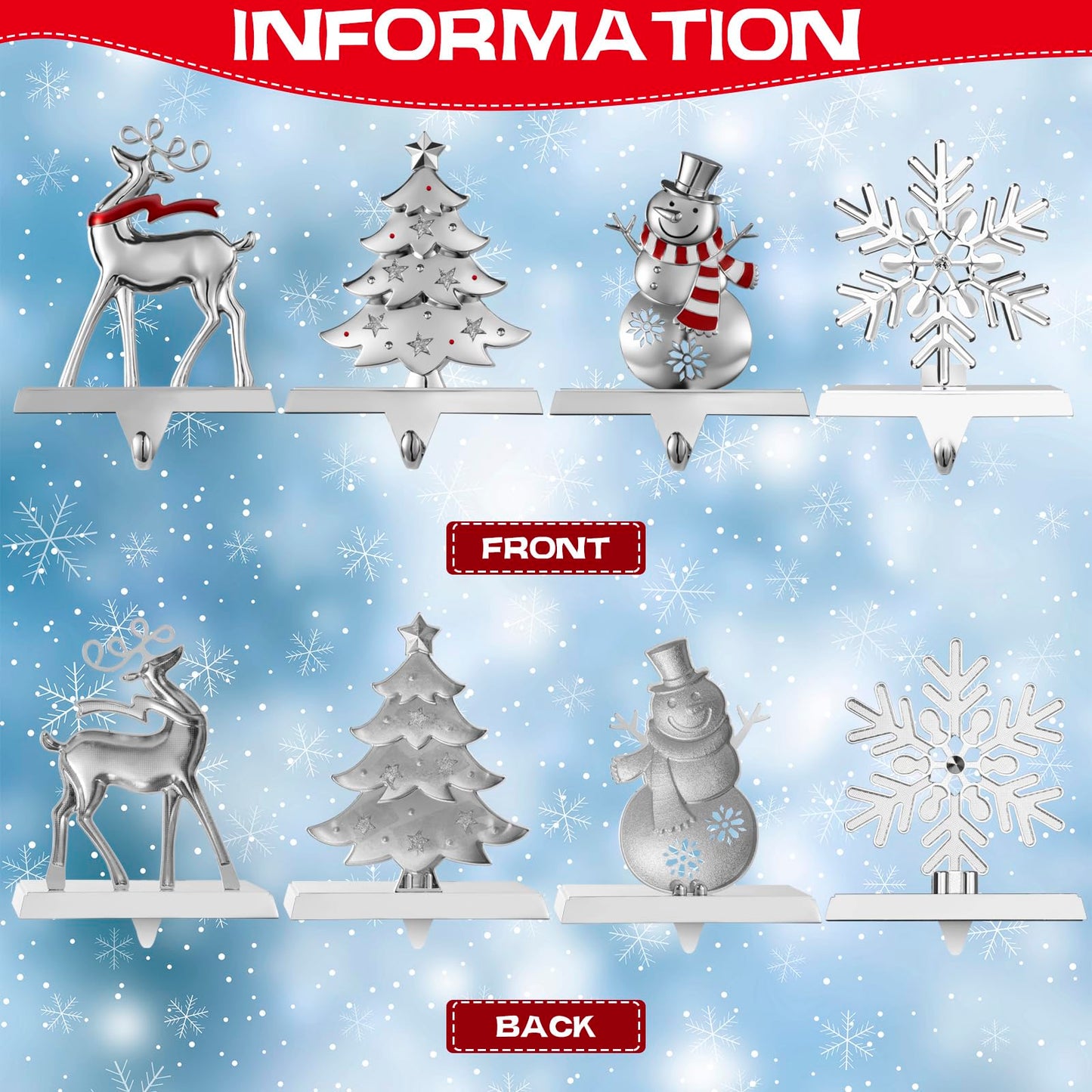 GUOER 4 Pack Snowflake Christmas Stocking Holder Set for Mantle Christmas Decorations Holiday Mantle Fireplace Topper - Snowflake Snowman Reindeer and Christmas Tree Hangers Decorative Metal Hanger